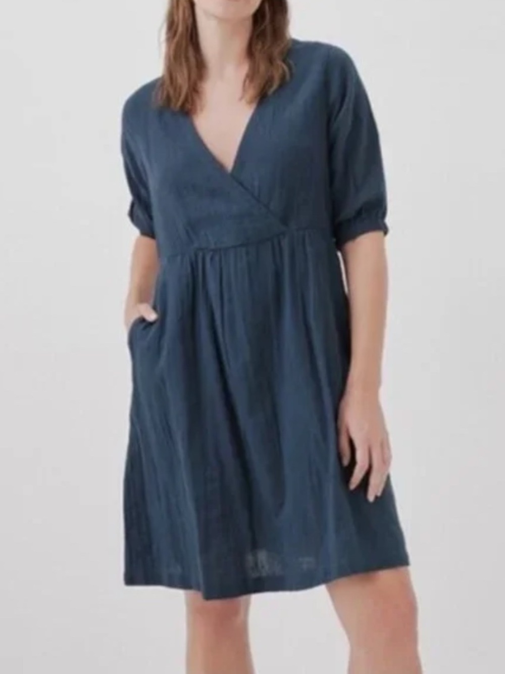 Pact organic cotton dress faux wrap top with gathered skirt pockets navy blue